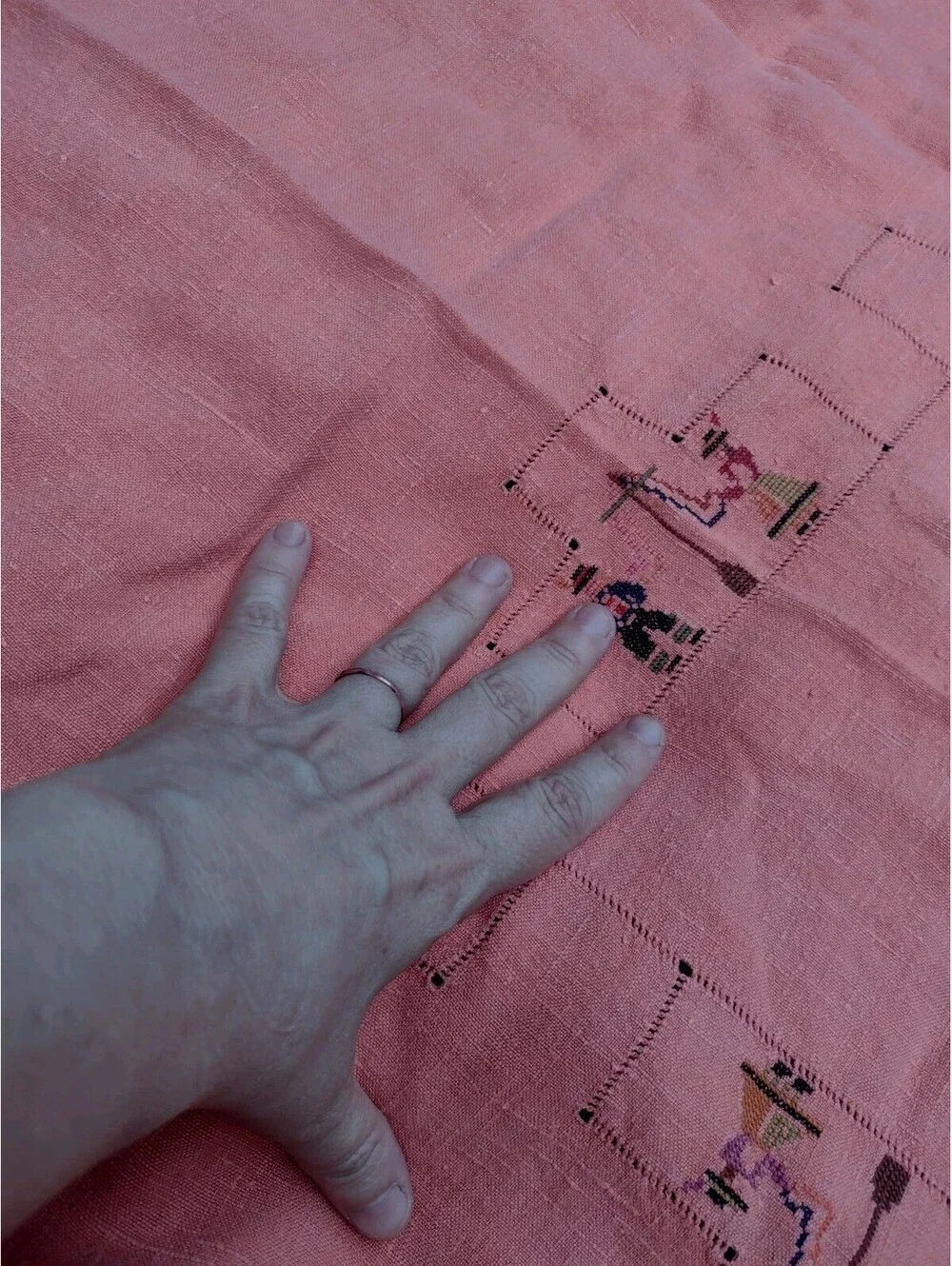 Vintage 1940s Maypole Embroidered Table Topper Folk Art Coral 33x36